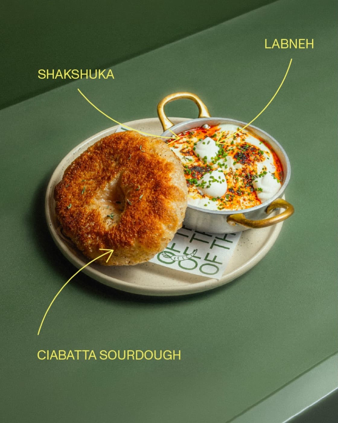 Shakshuka with labneh and ciabatta sourdough, annotated in the Of The Earth style