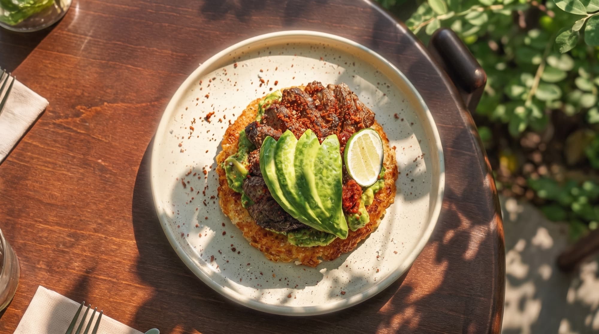 Steak crispy rice from above — charred steak and avocado over a crisped rice base, on a dark wood table in dappled light