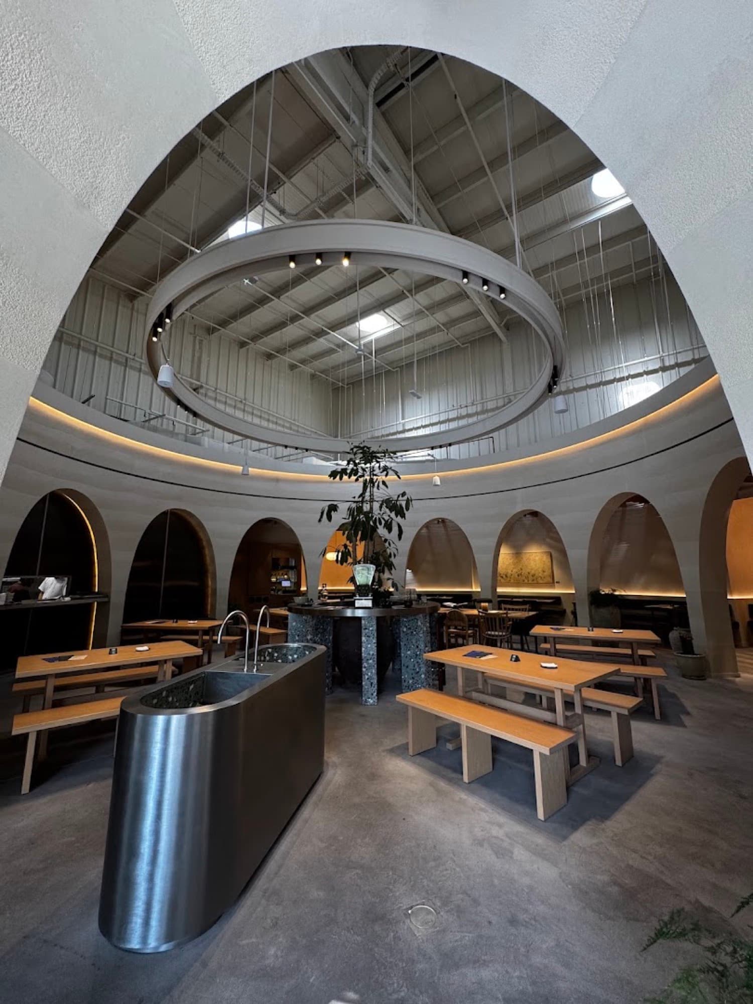 The rotunda seen through an arch — a live tree grows from the chef's counter